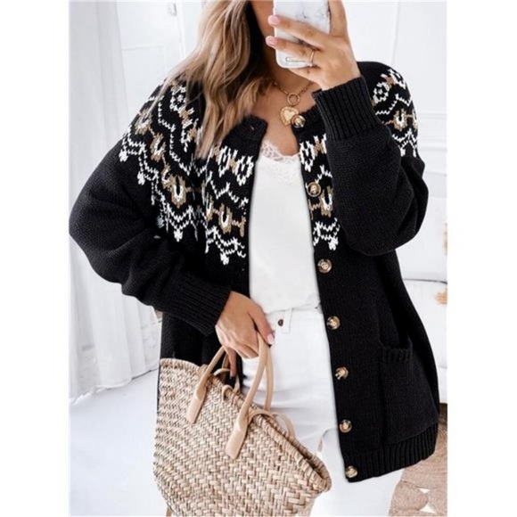 Womens Plus Size Fall Knit Black Fair Isle Sweaters Cardigan Lightweight, S-2X - Picture 4 of 6